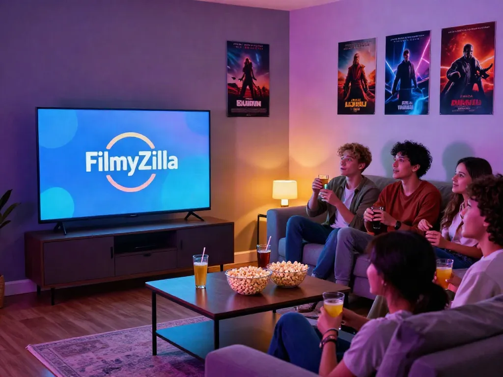 Group of friends enjoying FilmyZilla APK movie night in cozy living room setting.