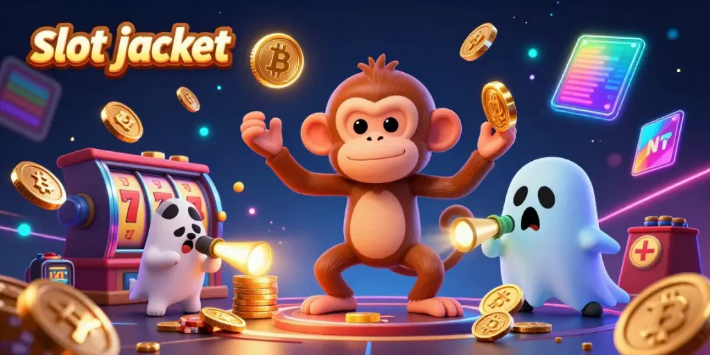 Experience the thrill of the slot jackpot with a playful ghost monkey and a curious puppy in a vibrant casino.