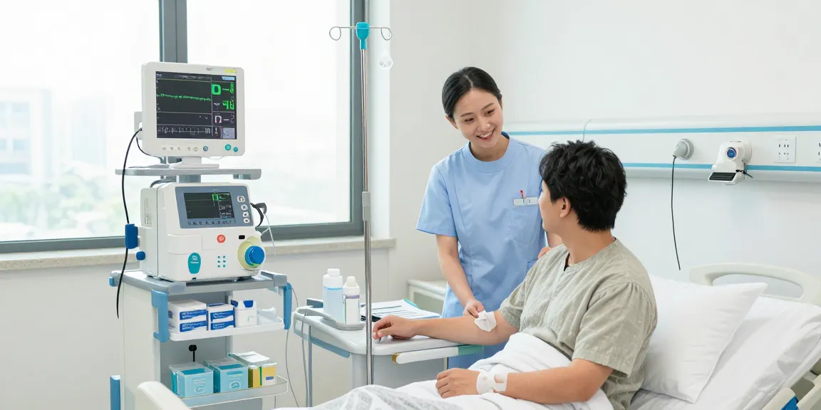 Patient receiving IV equipment treatment in a modern hospital room with attentive nurse.