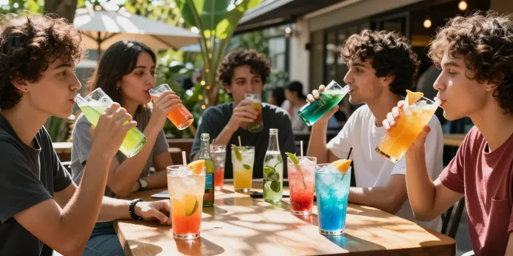 Friends enjoying soda drinks at a café, showcasing vibrant soda beverages.