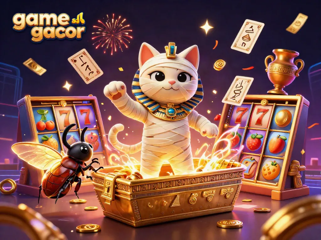 Experience thrilling game slot gacor action with vibrant slots, mummy cat, and dazzling casino elements.