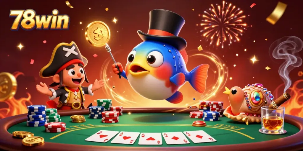 Engage in thrilling poker action at 78win alongside a dazzling anglerfish and pirate shrimp in a vibrant scene