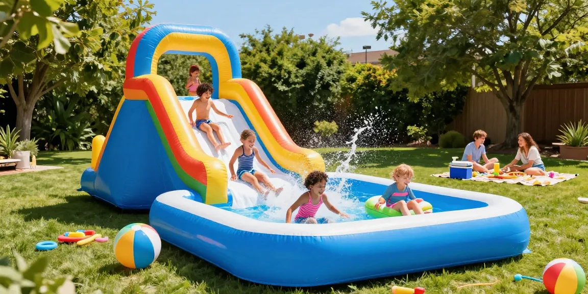 Kids having fun on a water slide inflatable, splashing into the pool during summer.