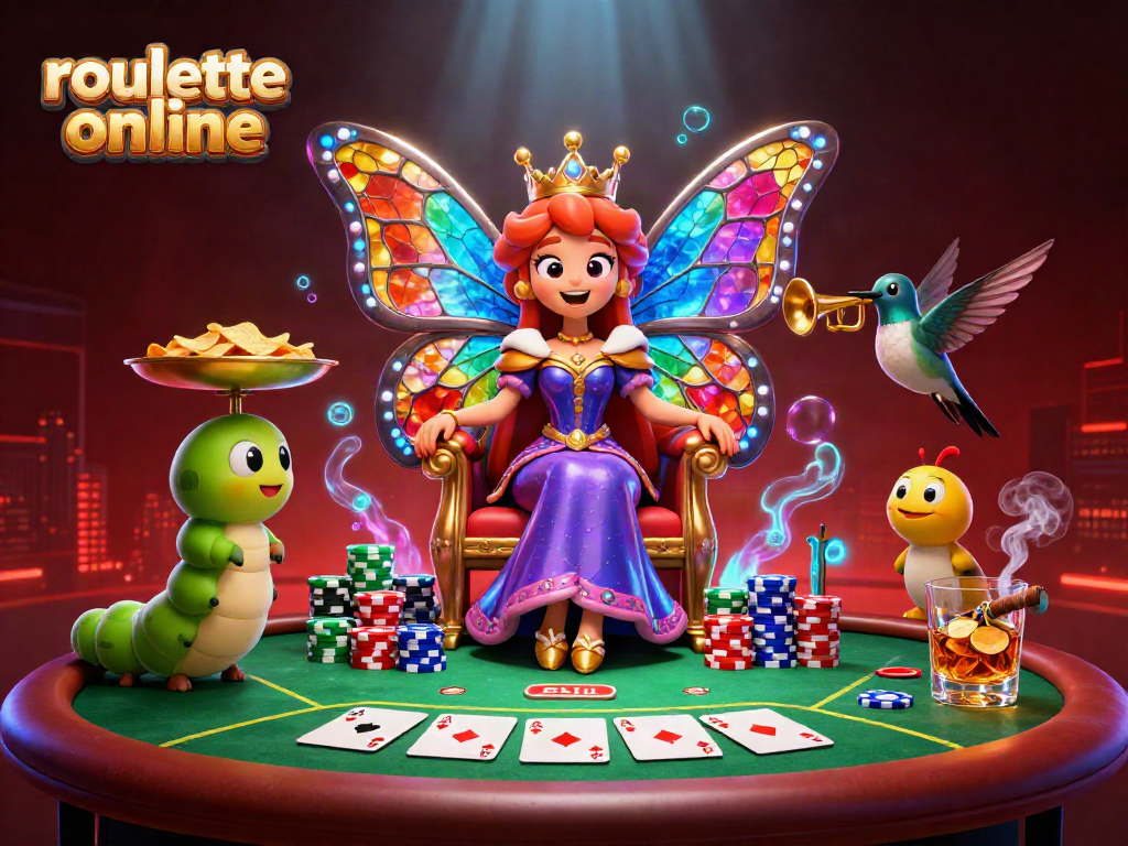 Experience enthralling roulette online as a vibrant butterfly queen presides over a lavish gambling scene.