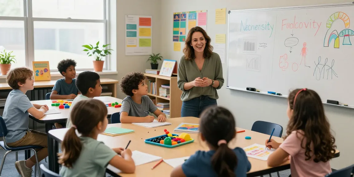Interactive classroom promoting ABA programming with engaged students and educator in a warm, inclusive environment.